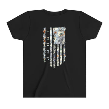black cotton poly t-shirt from tramp life with a tattered flag made of $100 bills for the blue collar worker