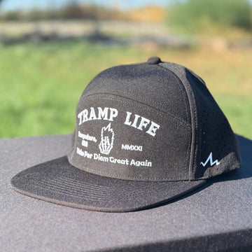 black embroidered snapback water resistant hat with tramp life, a bone hand, make per diem great again for blue collar workers