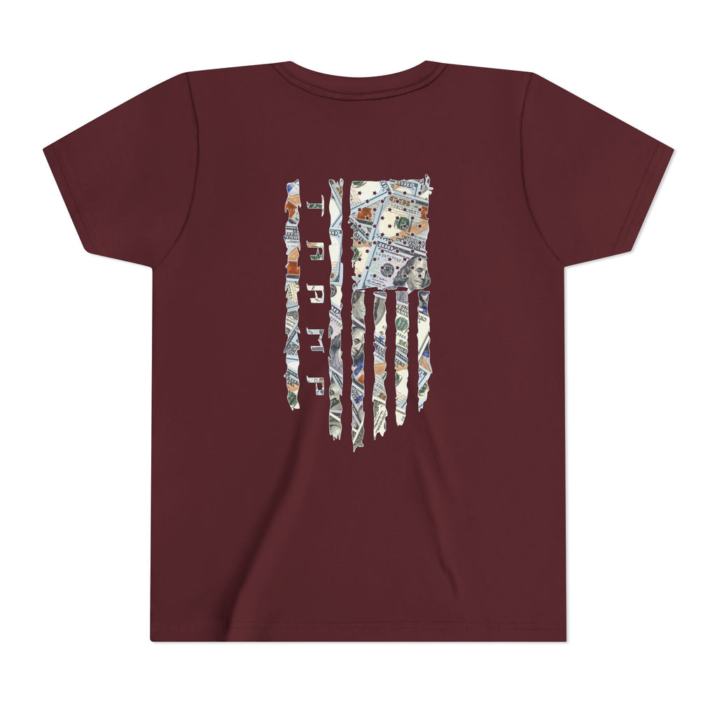  maroon cotton poly t-shirt from tramp life with a tattered flag made of $100 bills for the blue collar worker