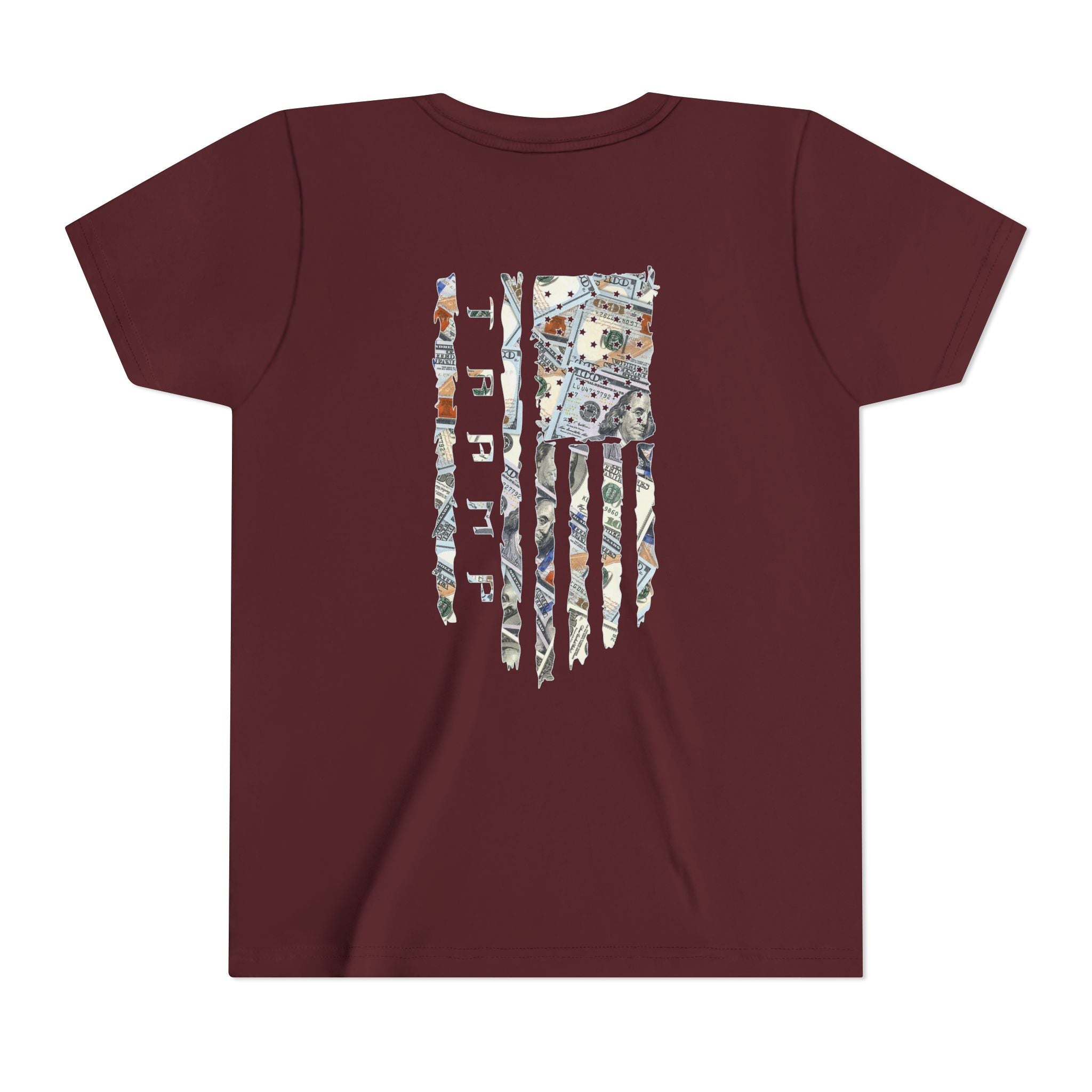  maroon cotton poly t-shirt from tramp life with a tattered flag made of $100 bills for the blue collar worker