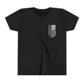 black cotton poly t-shirt from tramp life with a tattered flag made of $100 bills for the blue collar worker