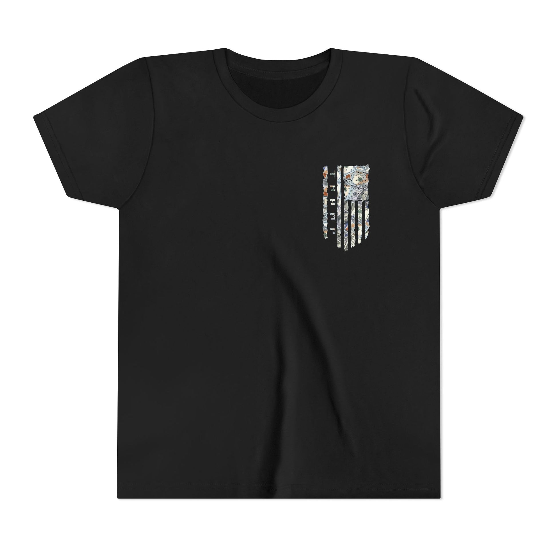 black cotton poly t-shirt from tramp life with a tattered flag made of $100 bills for the blue collar worker