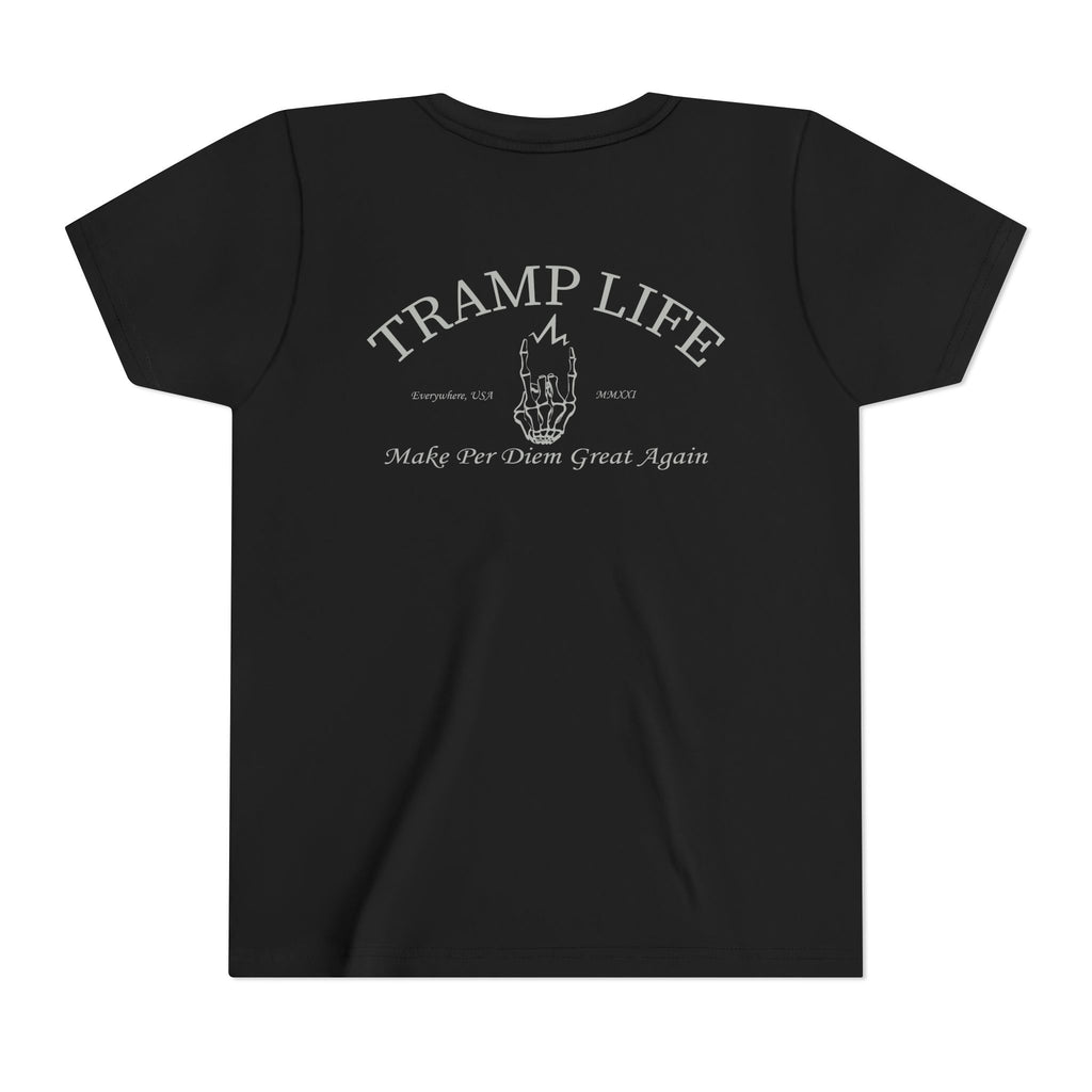 Black kids cotton poly shirt with gray graphic, saying Tramp life, the iconic bone hand and "Make per diem great again"