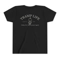 Black kids cotton poly shirt with gray graphic, saying Tramp life, the iconic bone hand and 