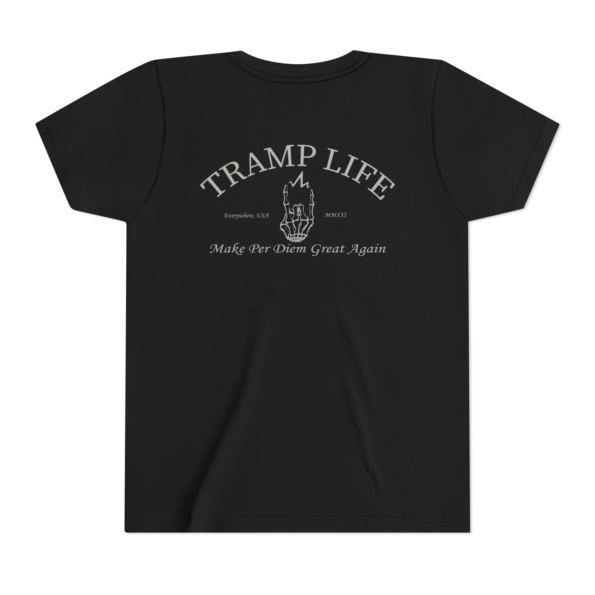 Black kids cotton poly shirt with gray graphic, saying Tramp life, the iconic bone hand and "Make per diem great again"