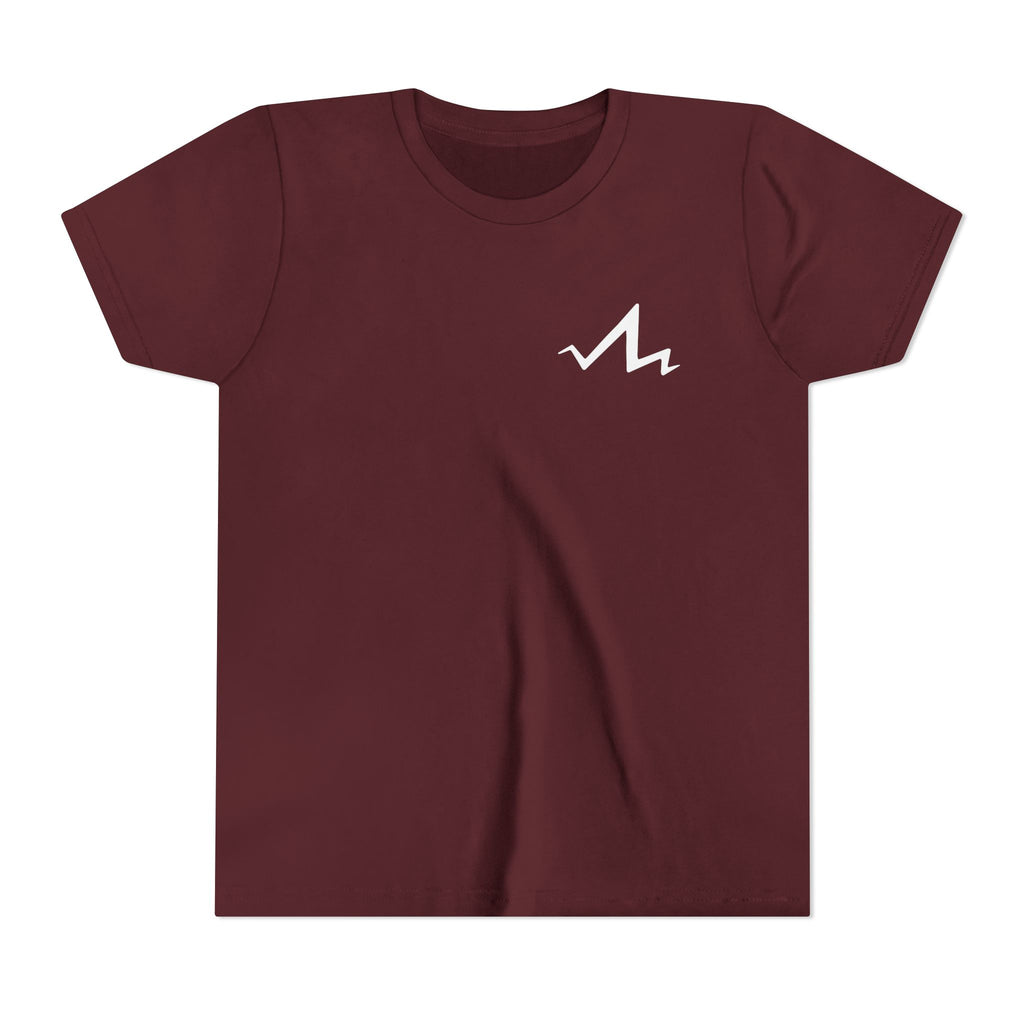 maroon kids cotton poly t-shirt with white tramp life lightning bolt logo on the front