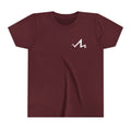maroon kids cotton poly t-shirt with white tramp life lightning bolt logo on the front