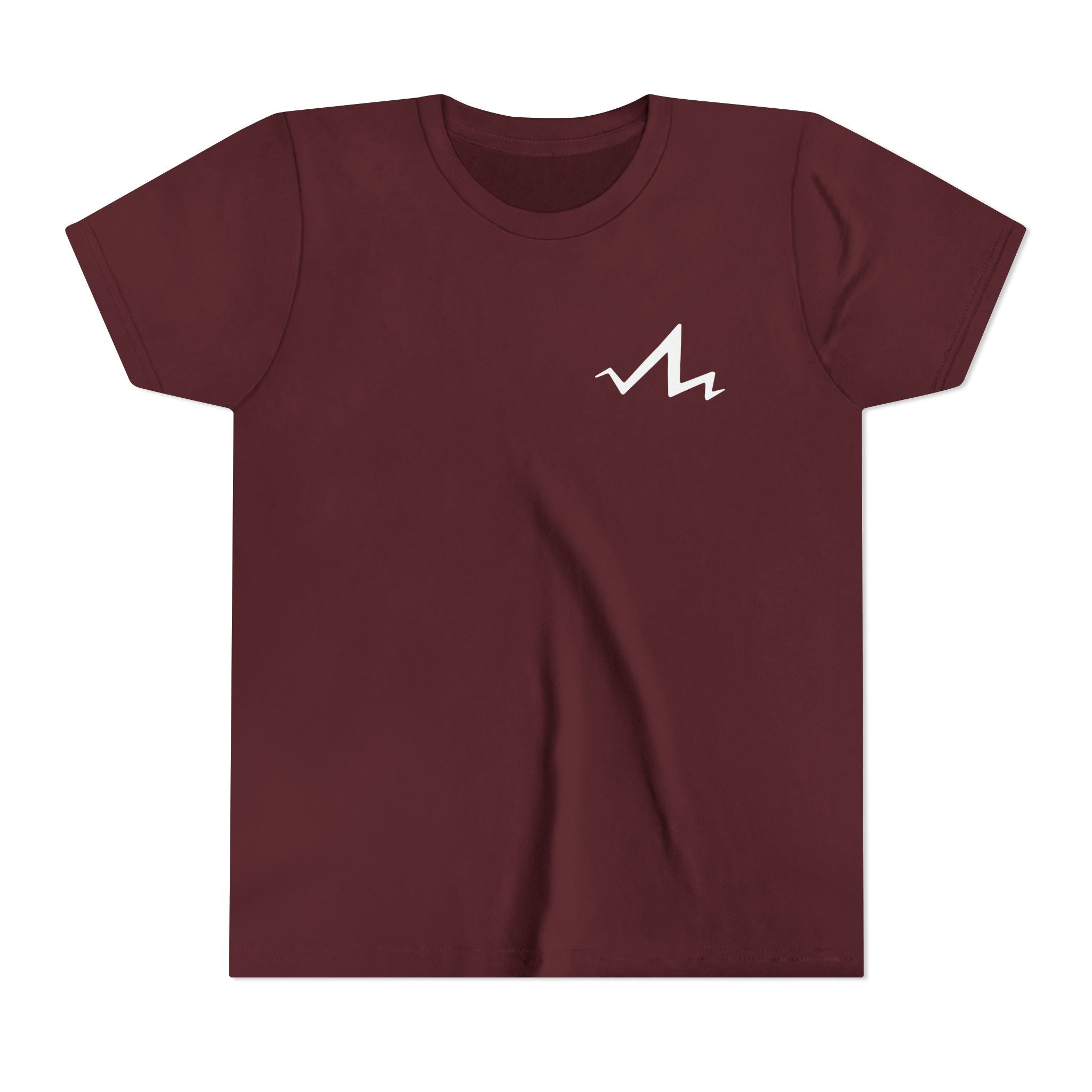 maroon kids cotton poly t-shirt with white tramp life lightning bolt logo on the front