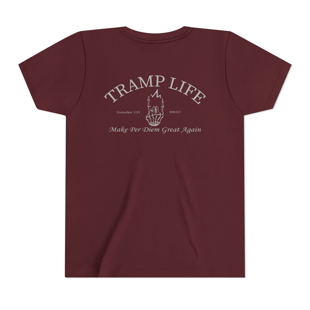 maroon blue collar kids cotton poly shirt with gray graphic, saying Tramp life, the iconic bone hand and "Make per diem great again"