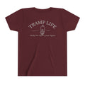 maroon blue collar kids cotton poly shirt with gray graphic, saying Tramp life, the iconic bone hand and 