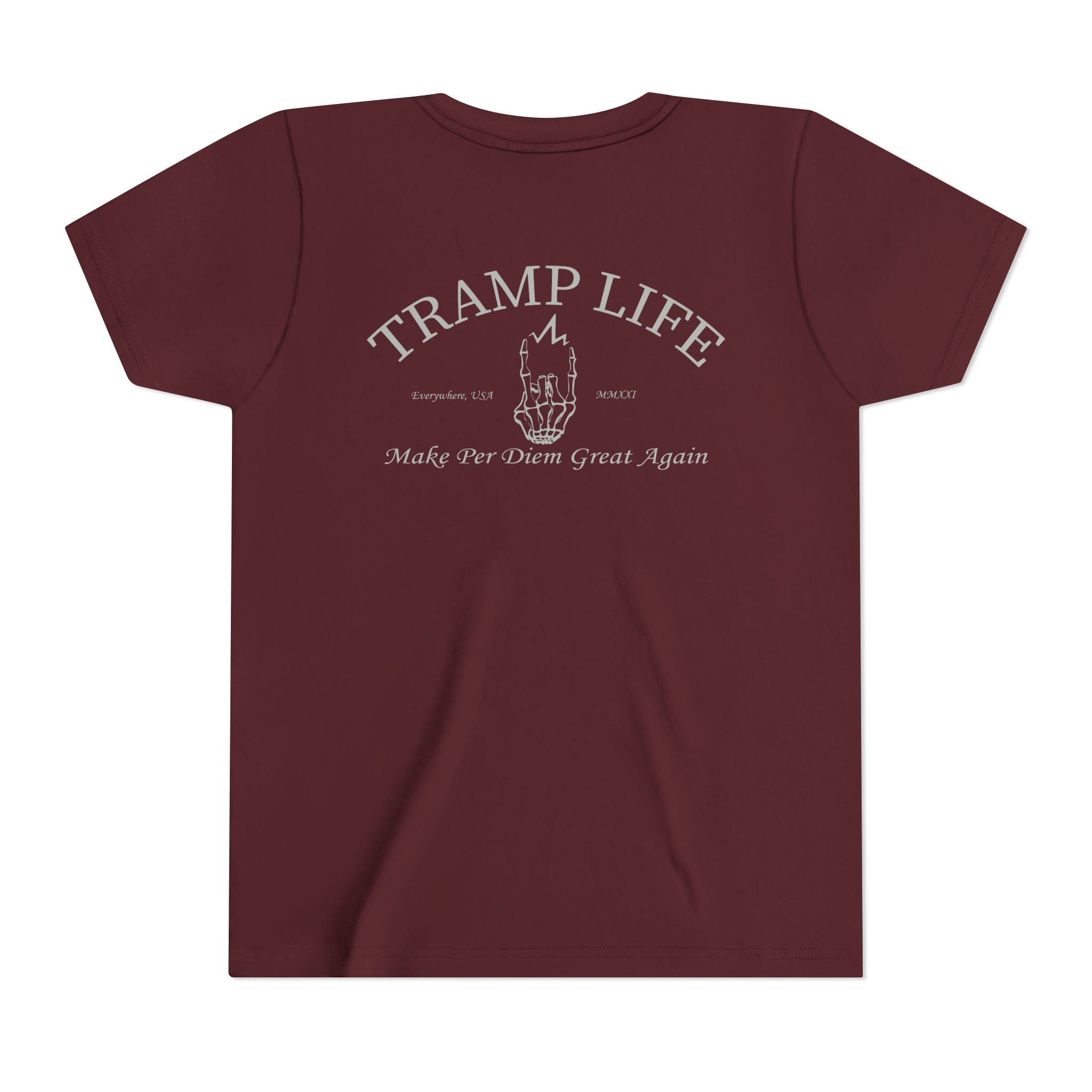 maroon blue collar kids cotton poly shirt with gray graphic, saying Tramp life, the iconic bone hand and "Make per diem great again"