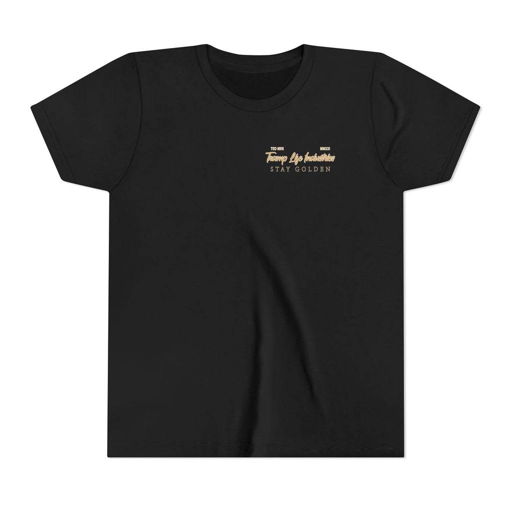 black shirt with gold writing saying stay golden and tramp life industries
