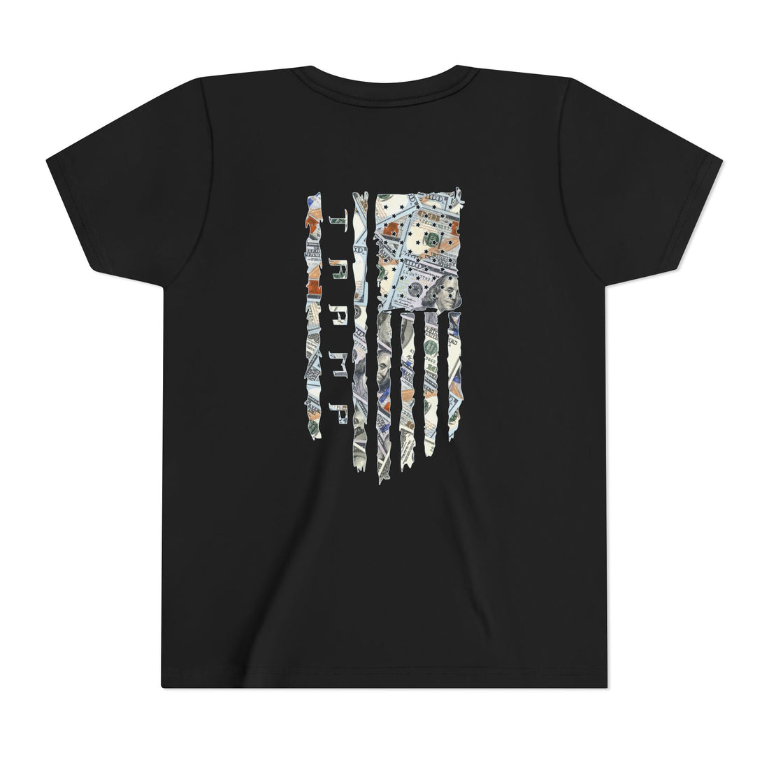 black cotton poly t-shirt from tramp life with a tattered flag made of $100 bills for the blue collar worker
