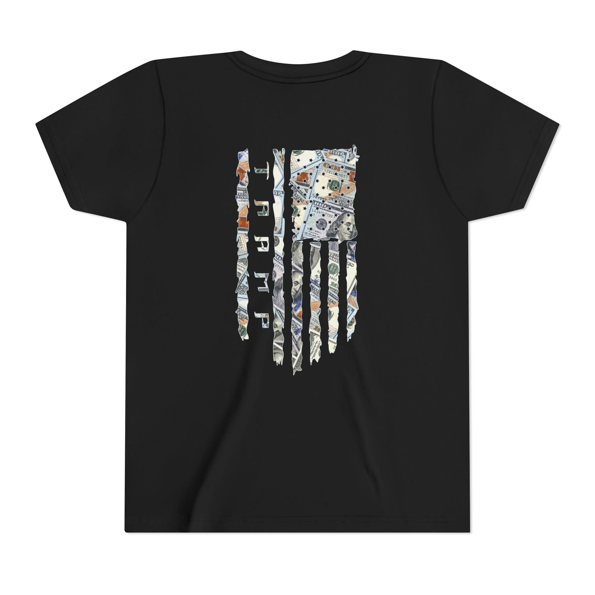 black cotton poly t-shirt from tramp life with a tattered flag made of $100 bills for the blue collar worker