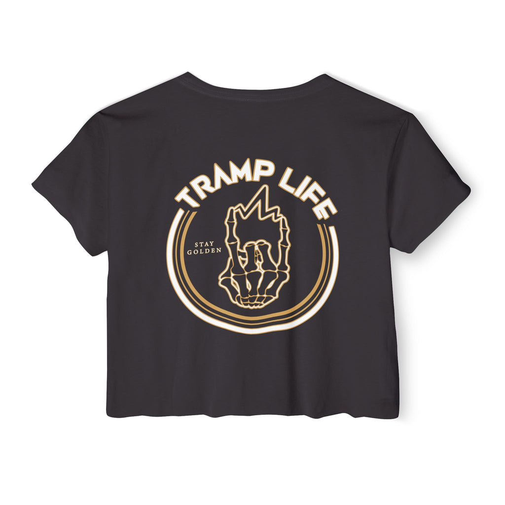 black crop top shirt for blue collar women showing the stay golden logo from tramp life industries, gold logo with glowing bone hand