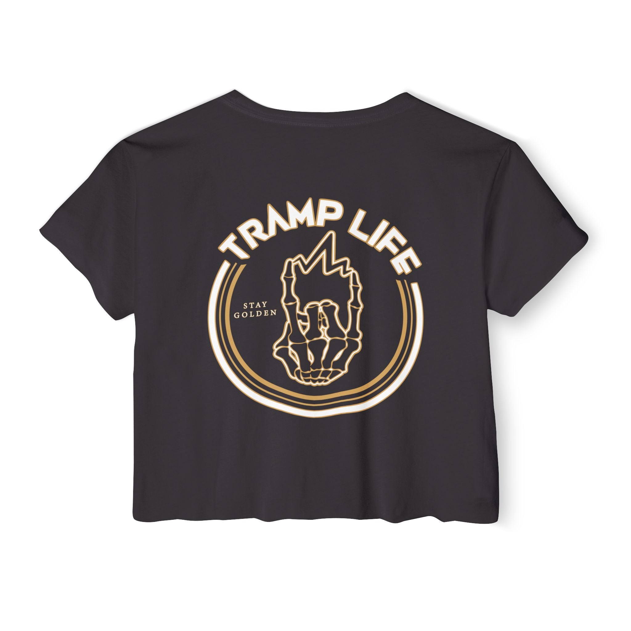 black crop top shirt for blue collar women showing the stay golden logo from tramp life industries, gold logo with glowing bone hand
