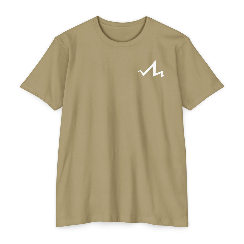 olive green cotton poly t-shirt with white tramp life lightning bolt logo on the front