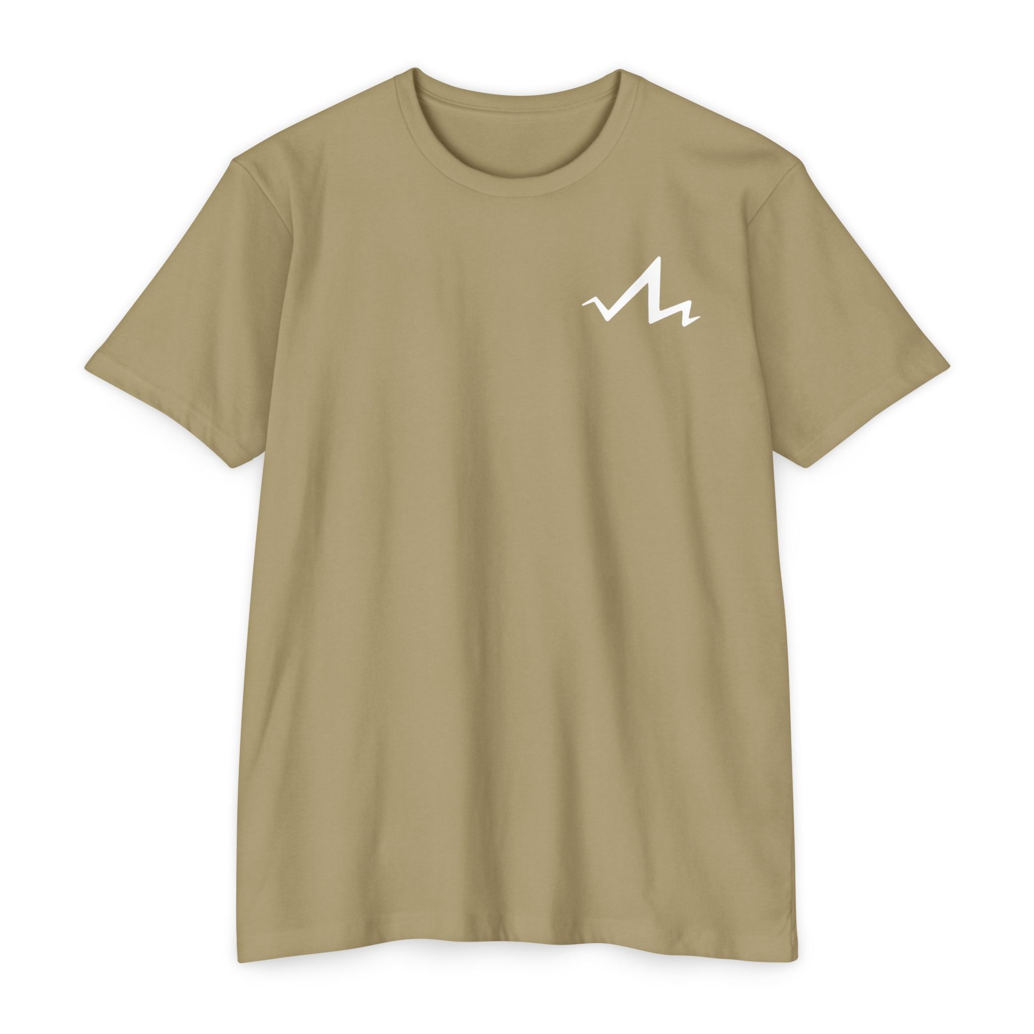 olive green cotton poly t-shirt with white tramp life lightning bolt logo on the front