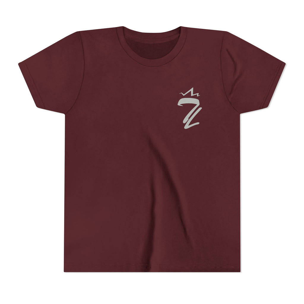 maroon blue collar kids shirt with TL for tramp life and the lightning bolt over the top, in gray