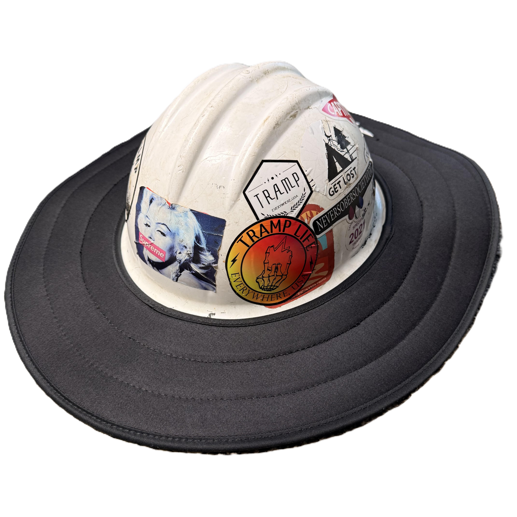 Black sunshade that goes around a hard hat for shade from tramp life industries