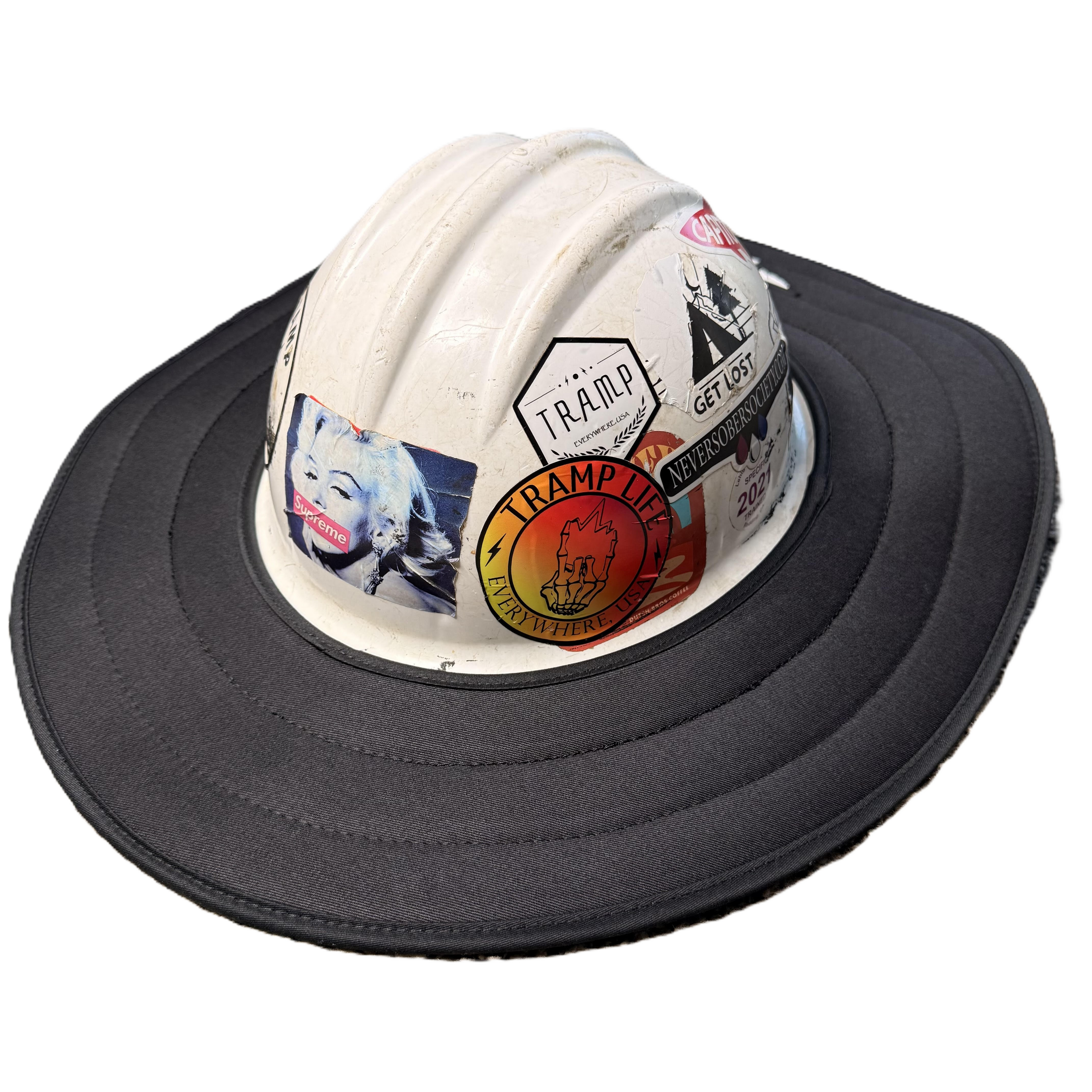 Black sunshade that goes around a hard hat for shade from tramp life industries