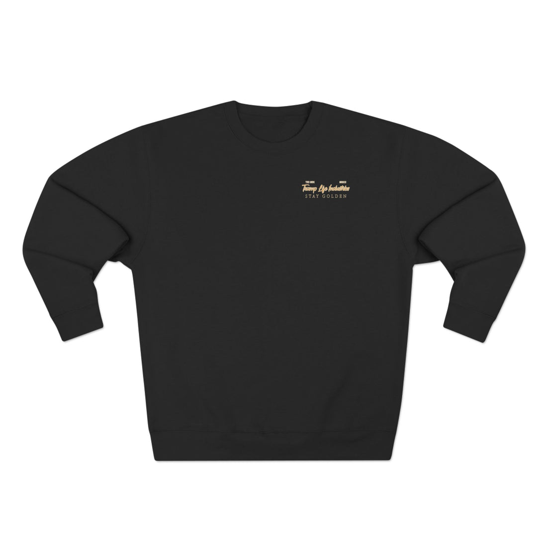 Black tramp life sweatshirt with the og bonehand surrounede by gold circles and stay golden off to the left side made for the golden ticket union gang