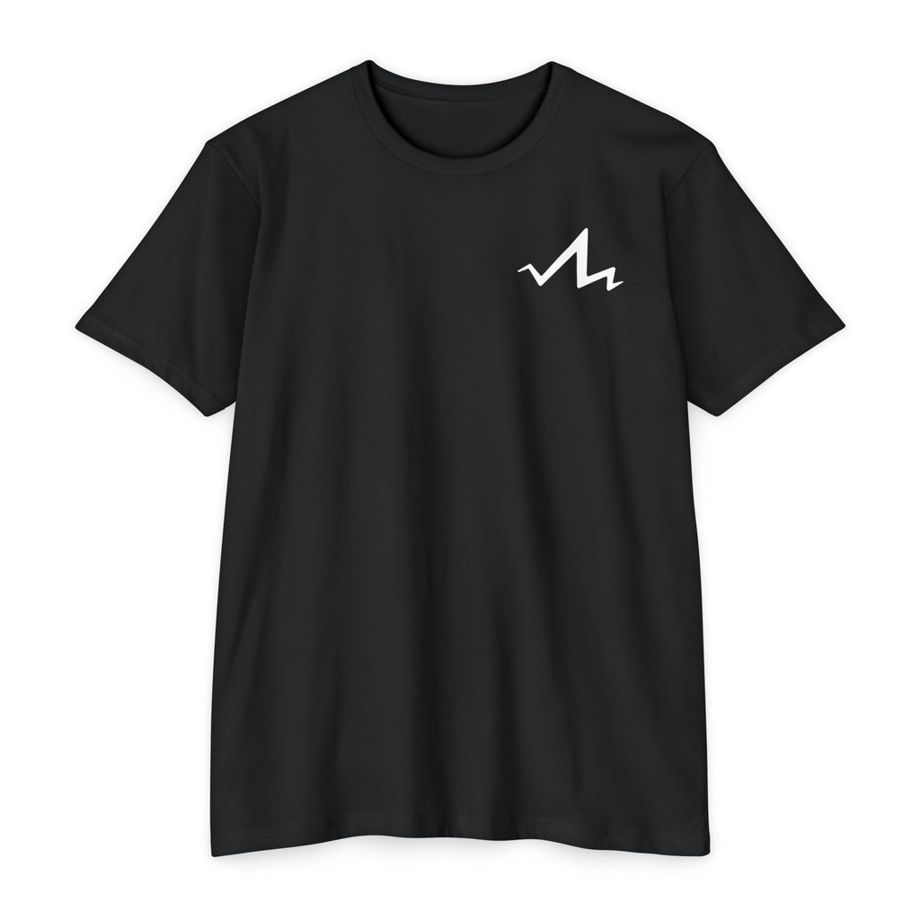 black cotton poly t-shirt with white tramp life lightning bolt logo on the front