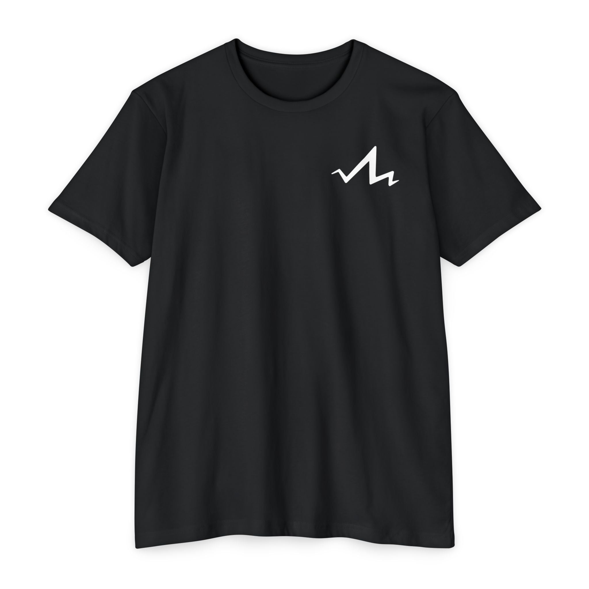 black cotton poly t-shirt with white tramp life lightning bolt logo on the front