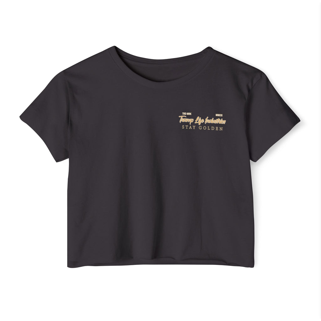 black tramp life crop top with golden logo saying tramp life industries and stay golden below it