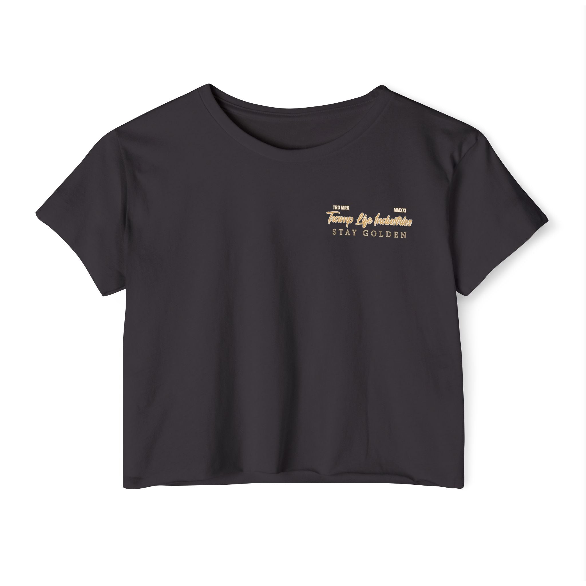 black tramp life crop top with golden logo saying tramp life industries and stay golden below it