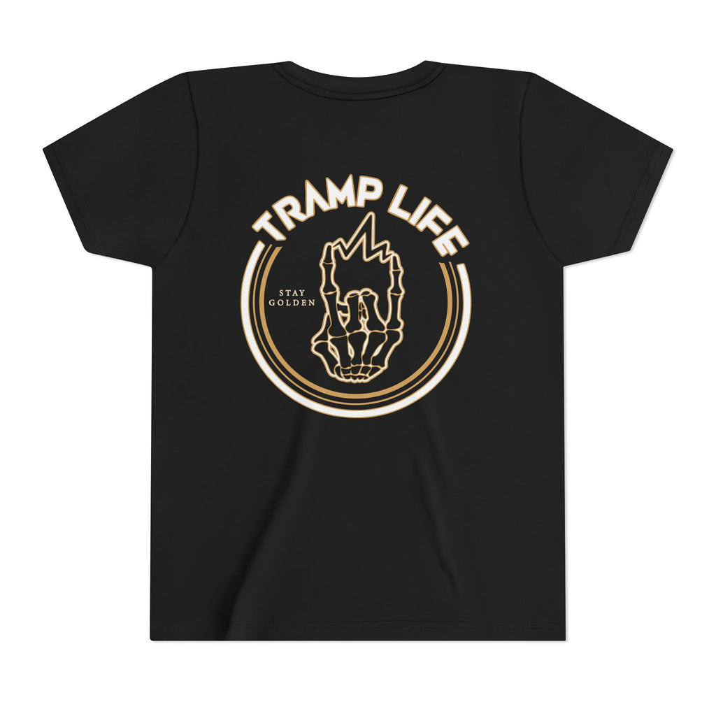 the original logo from tramp life industries redone on a black cotton poly shirt. a gold and white graphic in a circle with the blue collar bone hand in the middle glowing gold with the words stay golden next to it in gold and white