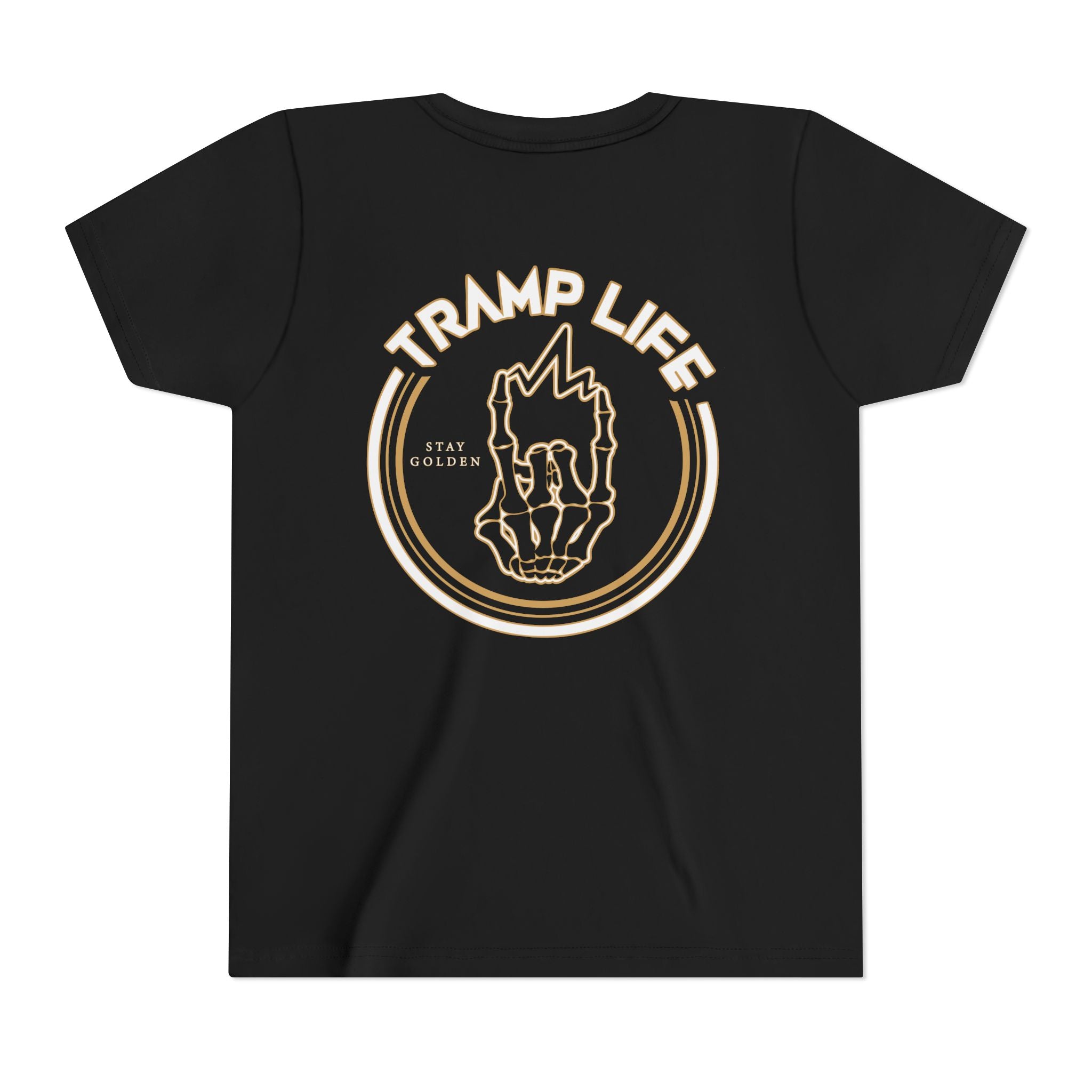 the original logo from tramp life industries redone on a black cotton poly shirt. a gold and white graphic in a circle with the blue collar bone hand in the middle glowing gold with the words stay golden next to it in gold and white