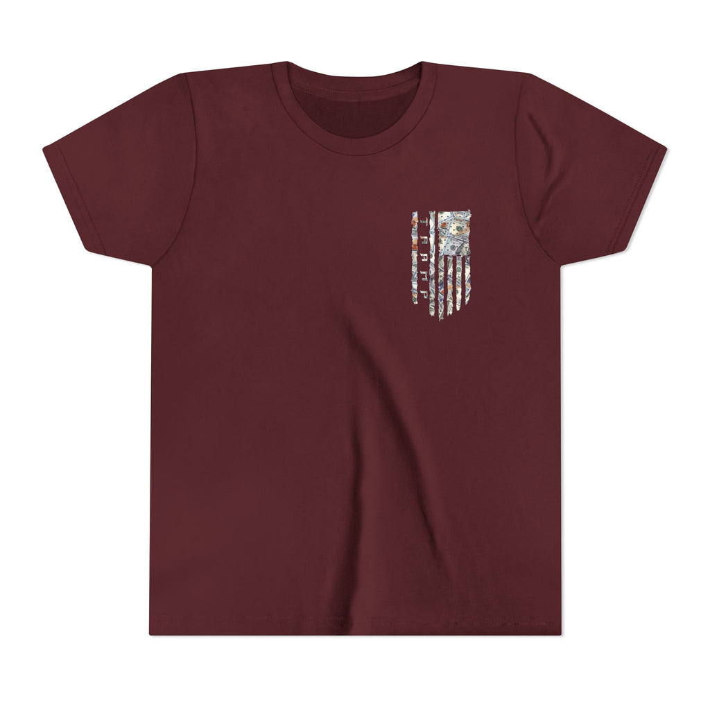 maroon cotton poly t-shirt from tramp life with a tattered flag made of $100 bills for the blue collar worker
