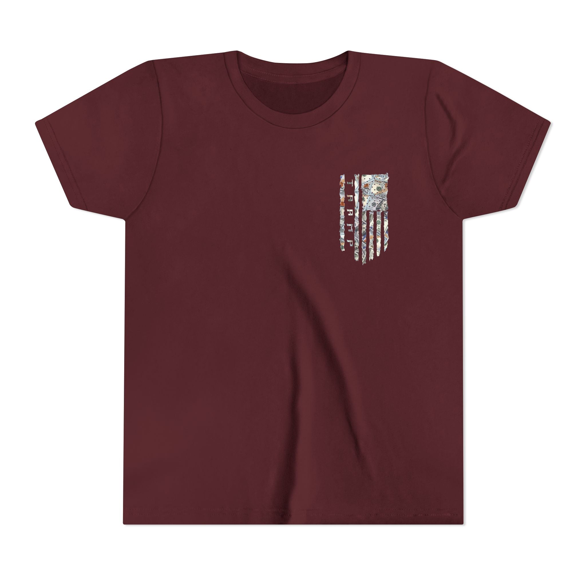 maroon cotton poly t-shirt from tramp life with a tattered flag made of $100 bills for the blue collar worker