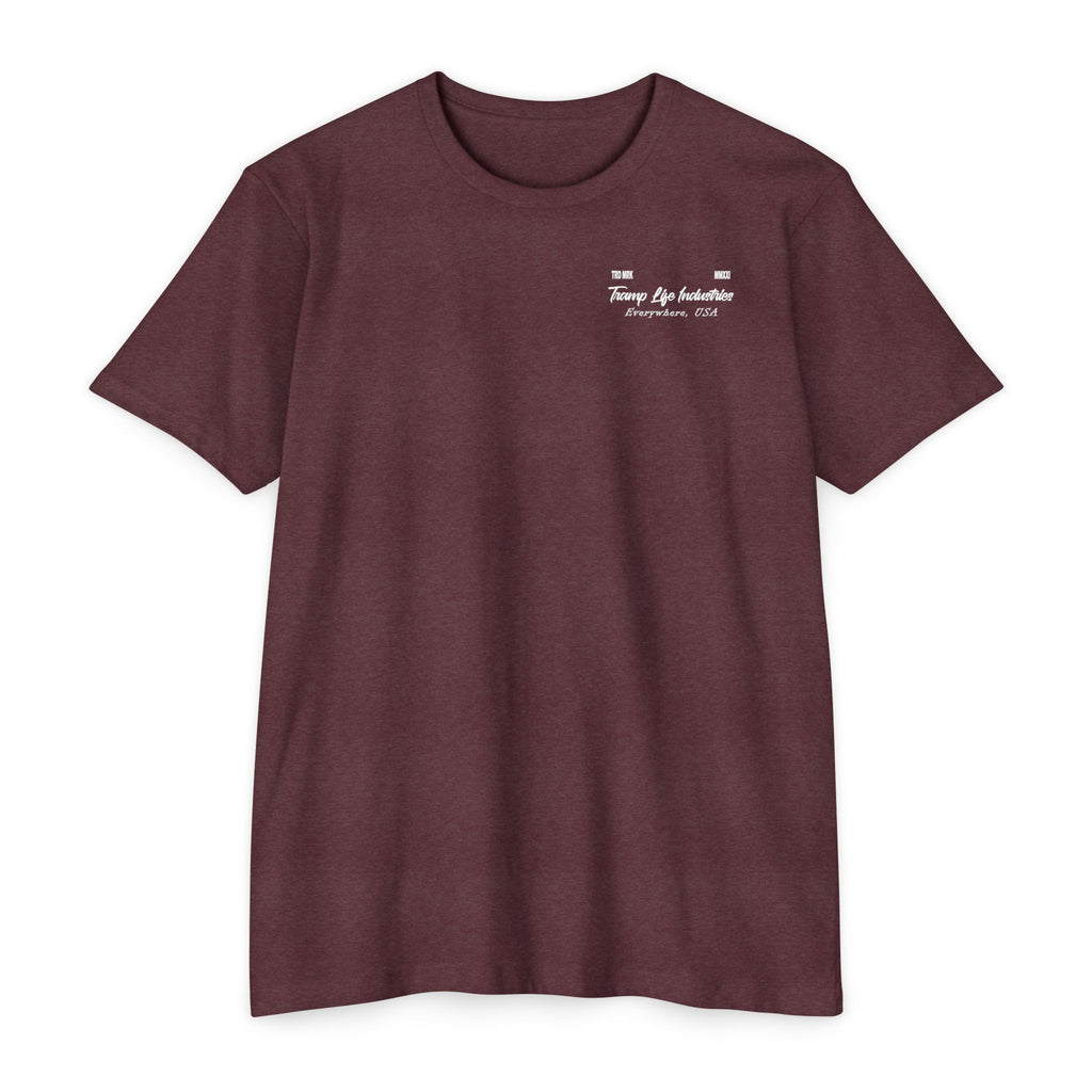maroon t shirt from tramp life that tramp life industries