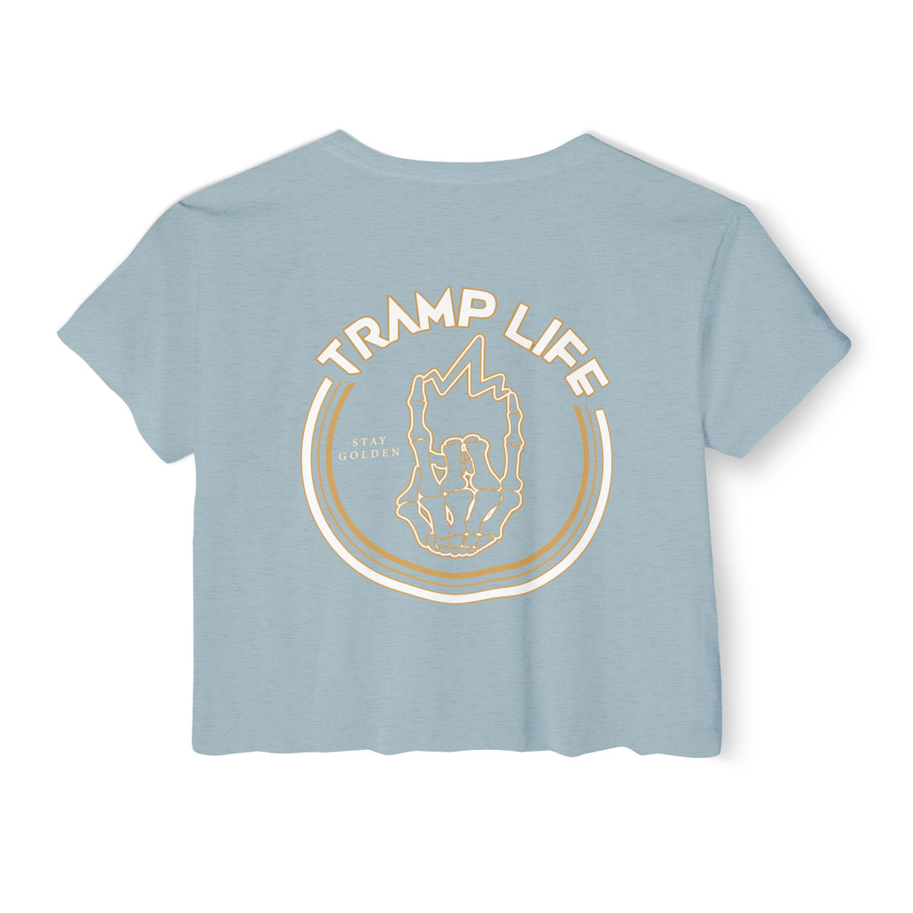 stone wash crop top shirt for blue collar women showing the stay golden logo from tramp life industries, gold logo with glowing bone hand