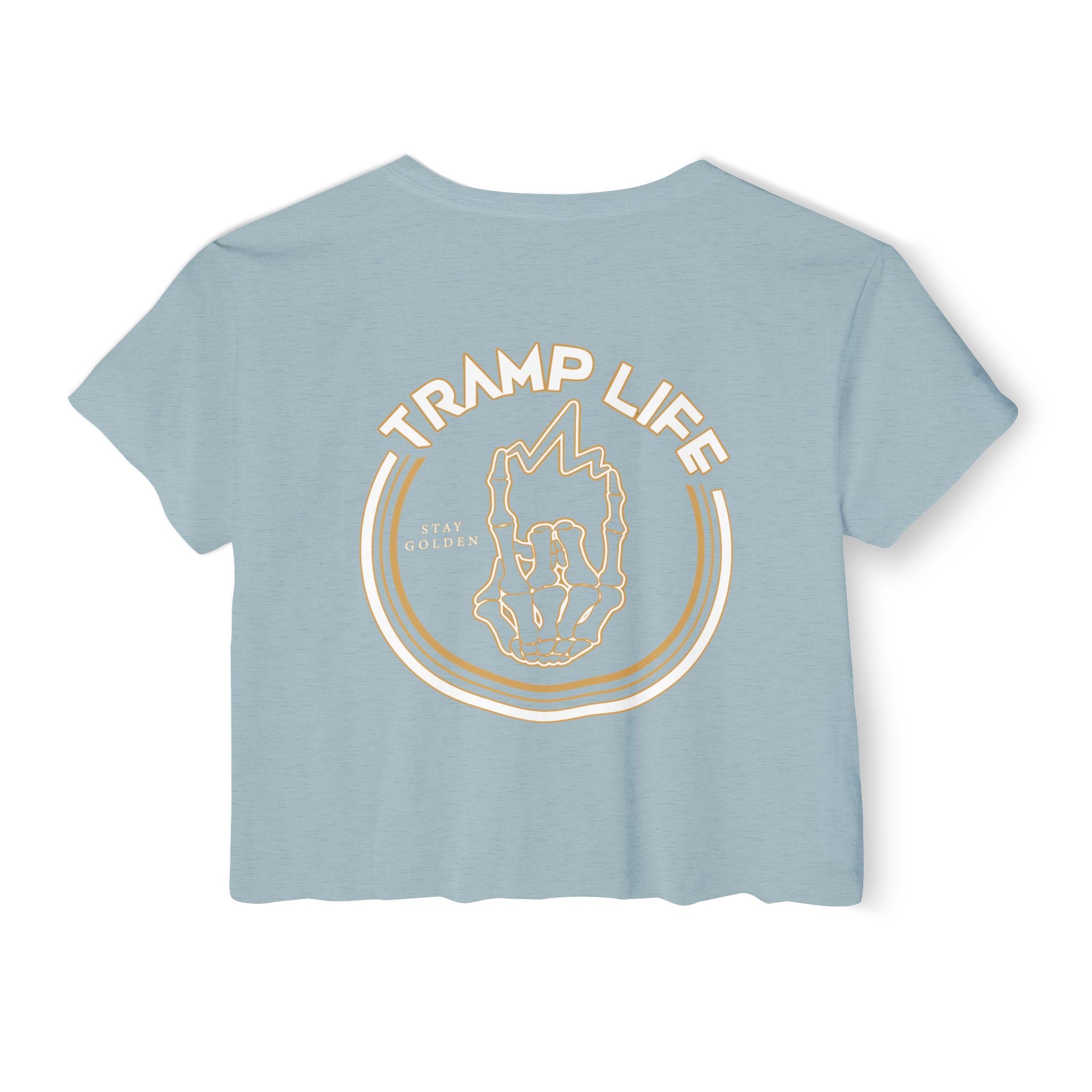 stone wash crop top shirt for blue collar women showing the stay golden logo from tramp life industries, gold logo with glowing bone hand