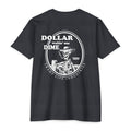 gray t shirt from tramp life that says dollar waitin' ona dime with a skeleton smoking a cigarette