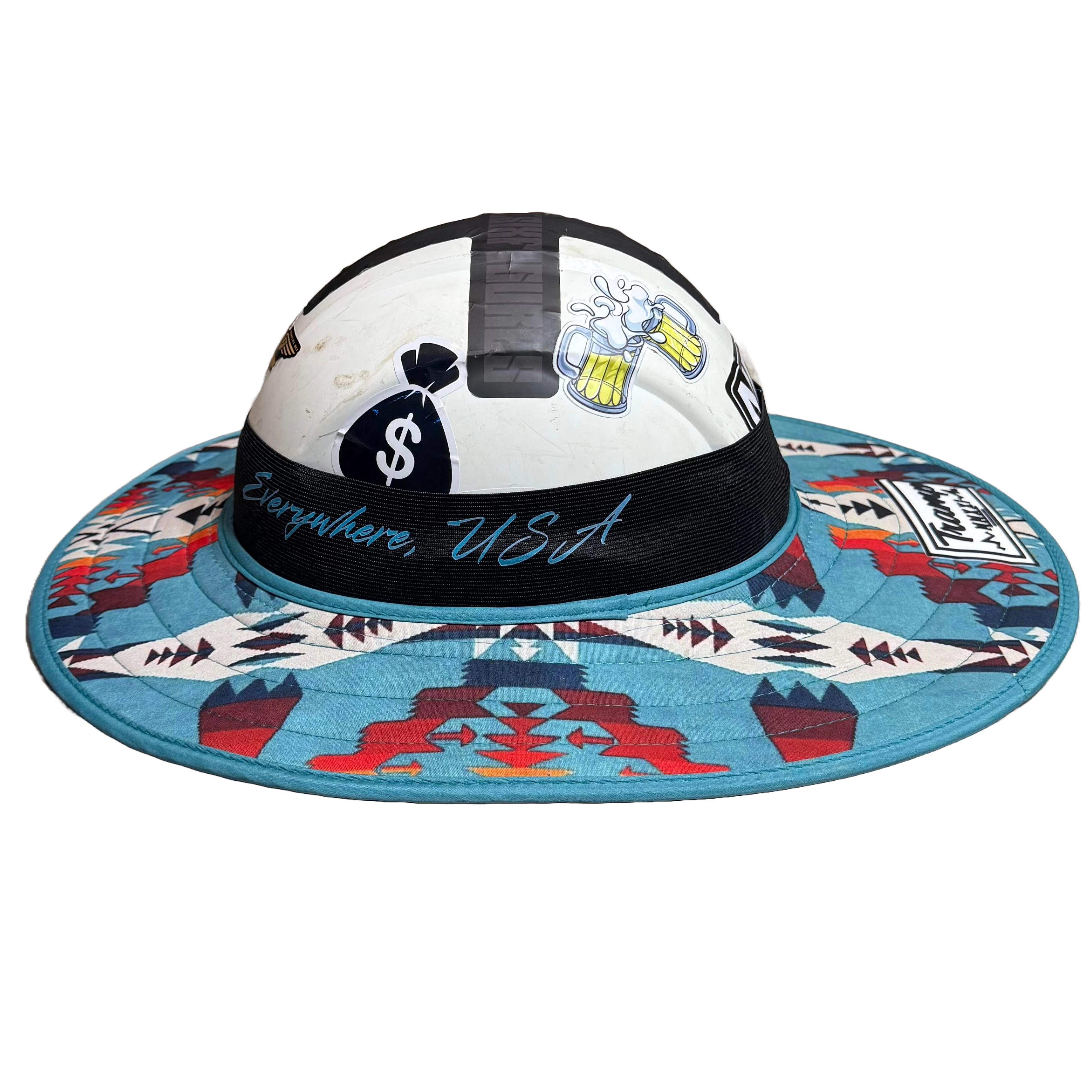hard hat with a fly shade from tramp life industries. called the turquoise fly shade - it is mostly blue with some red, orange, white, and navy geometric patterns on it