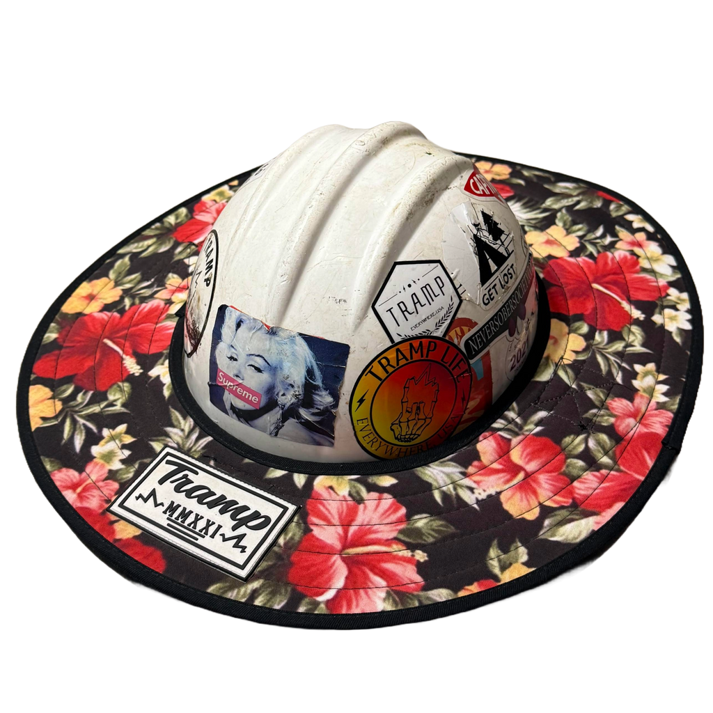 floral pattern sunshade that goes over a hard hat to keep workers shaded