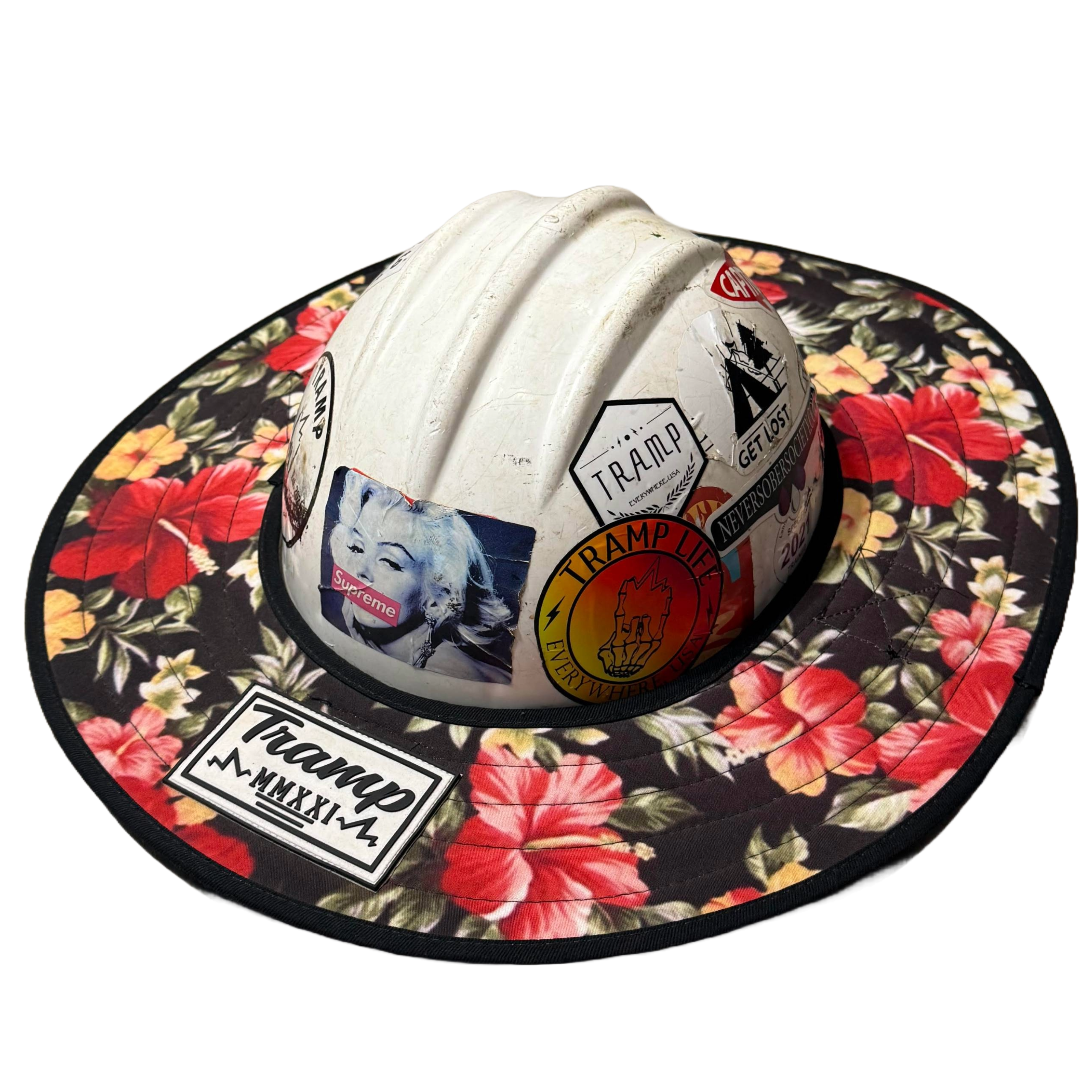 floral pattern sunshade that goes over a hard hat to keep workers shaded
