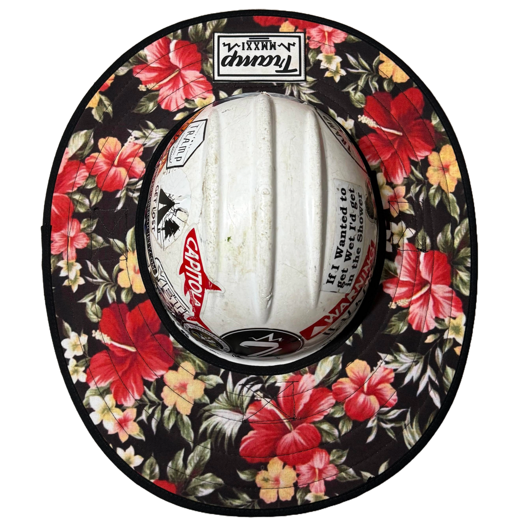 floral pattern sunshade that goes over a hard hat to keep workers shaded