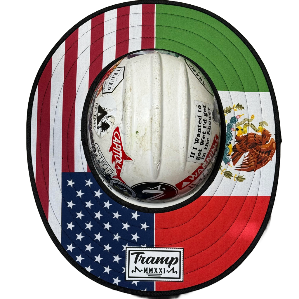 Hard hat with Americano sunshade that depicts the american and mexican flag. from tramp life industries