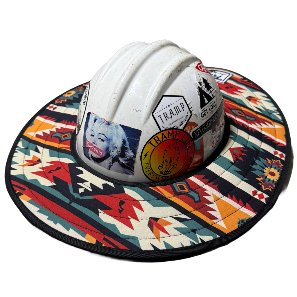 a red pendleton sunshade from tramp life. it goes on a hard hat to protect your face from the sun