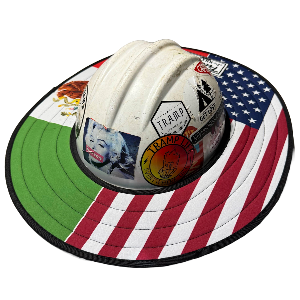 Hard hat with Americano sunshade that depicts the american and mexican flag. from tramp life industries