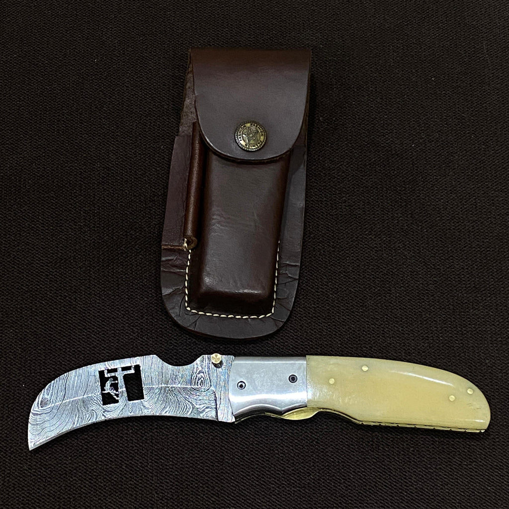 foldable camel bone hawksbill knife with leather pouch