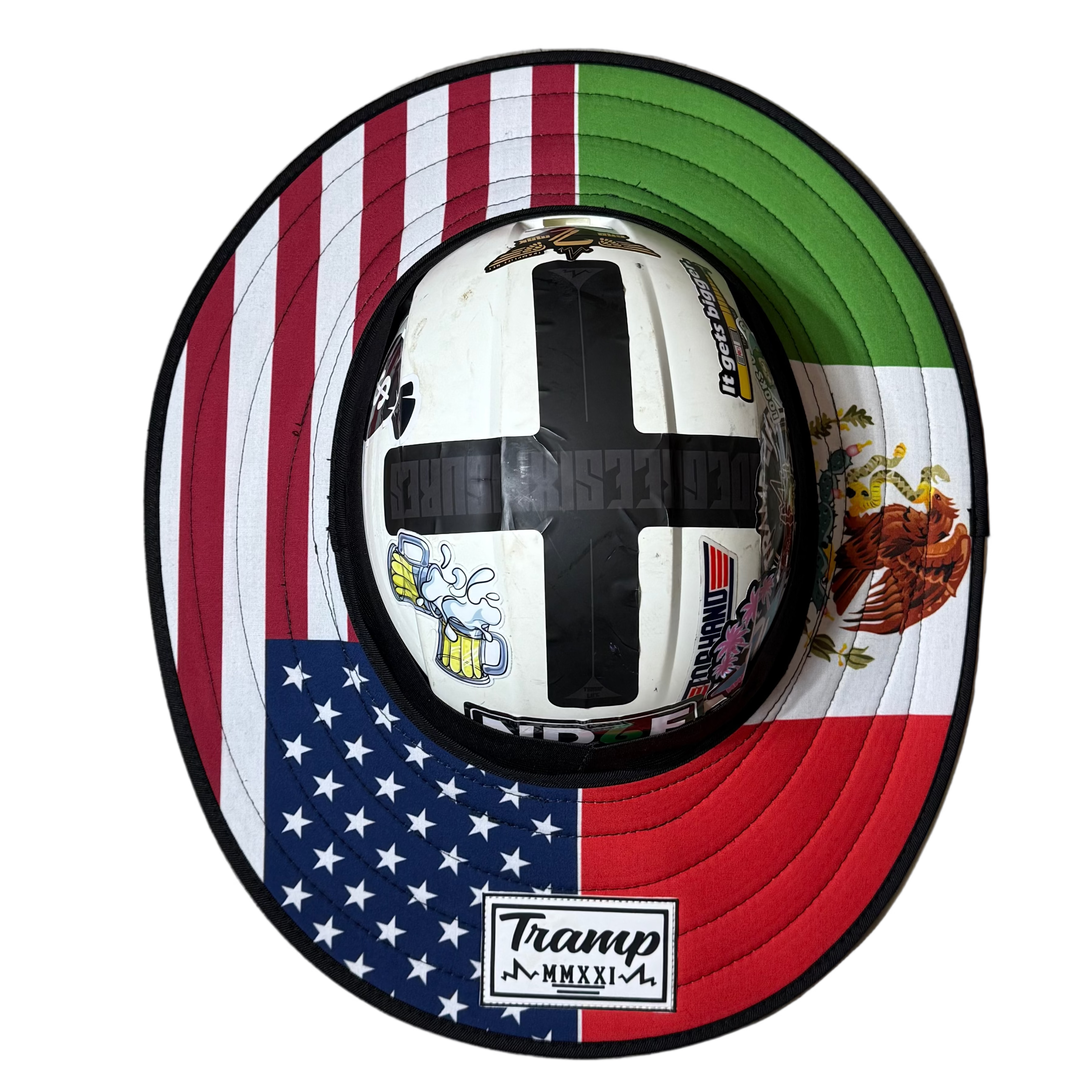 a fly shade made for hard hats with no brim, has half an american flag and half mexican flag. tramp life