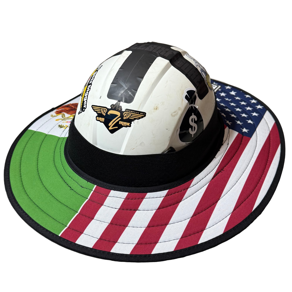 the americano fly shade from tramp life industries. it is a sunshade cover that goes over a hardhat to keep construction workers shaded. this design has half american flag and half mexican flag