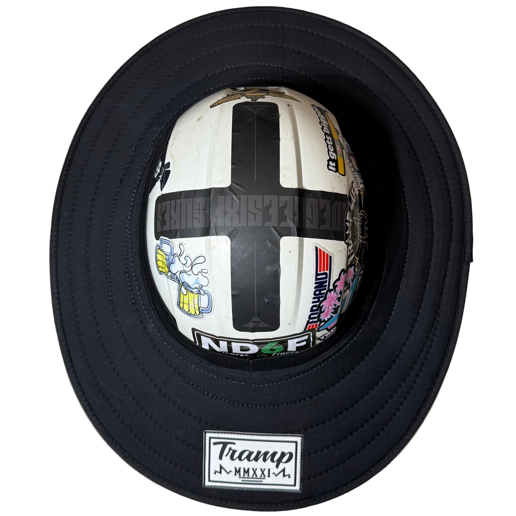 blackout sunshade from tramp life industries. goes around a fly hard hat to shade the worker