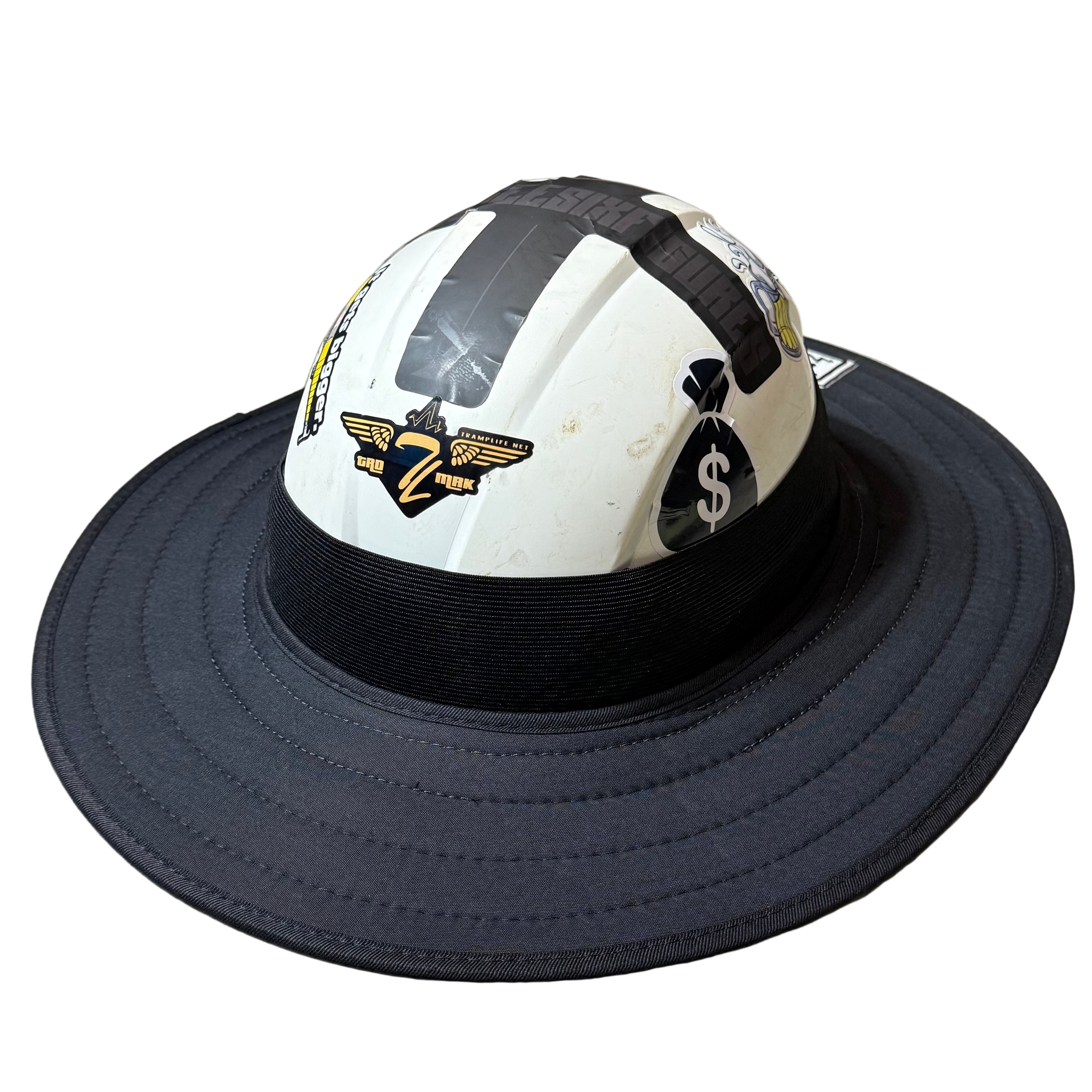 blackout sunshade from tramp life industries. goes around a fly hard hat for shade while at work